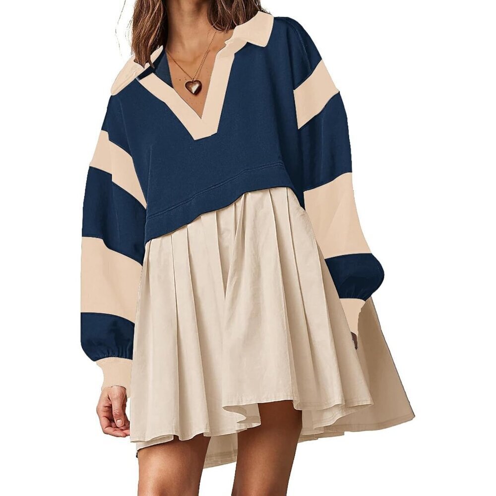 Women’s Oversized Patchwork Sweatshirt Dress Long Sleeve Fall Casual
